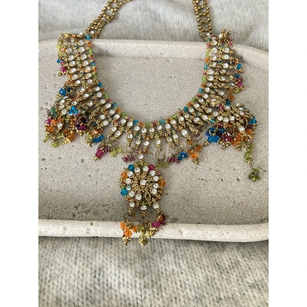 Gold Tone Rhinestone Bib Necklace‎ Multicolor Beaded Dangle Bollywood Bling